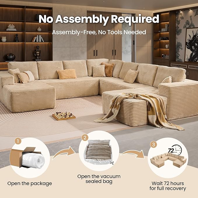 Cloud Sectional Couch with Chaise, Boneless U-Shaped Cloud Couch with Deep Seat, Soft Plush Modern Minimalist Sofa, Assembly Free Modular Floor Sofa for Office Living Room Apartment, Beige