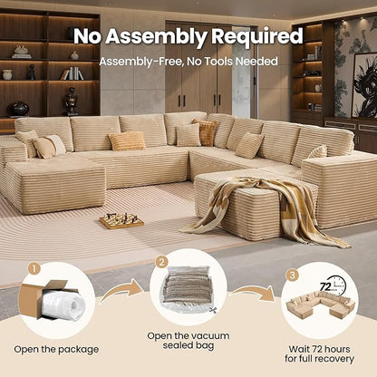 Cloud Sectional Couch with Chaise, Boneless U-Shaped Cloud Couch with Deep Seat, Soft Plush Modern Minimalist Sofa, Assembly Free Modular Floor Sofa for Office Living Room Apartment, Beige