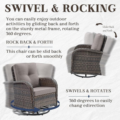 HUMMUH 7 Piece Patio Furniture Set with Fire Pit Table,Wicker Patio Swivel Rocker Outdoor Chairs 3-Seat Sofa for Porch,Poolside,Deck