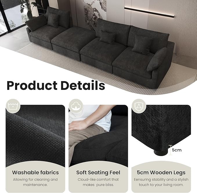 Modular Cloud Sofa, 154" Cloud Sectional Couches with Deep Seat, Linen U-Shape 6-Seater Couch with Ottoman for Living Room, Washable Cover, Wide Armrest in Black