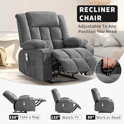 Large Recliner Chair, Manual Reclining Sofa with Massage and Heat, Comfy Sofa Chair with 3 Positions, 2 Side Pockets, 2 Front Pockets and 2 Cup Holder