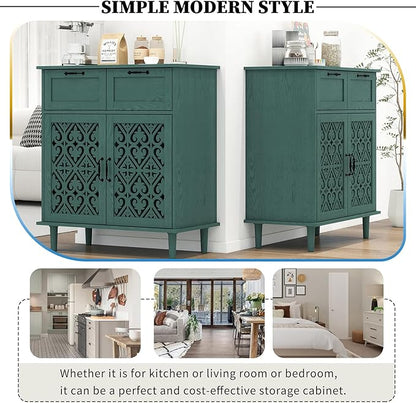 Kitchen Storage Cabinet with Drawers - Accent Cabinet with Carved Door, Floor Sideboard Buffet with Storage, Small Wood Credenza for Living Room, Dining Room, Entryway, Green