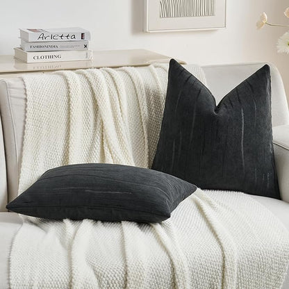 FUTEI Black Chenille Decorative Throw Pillow Covers 12x20 Inch Set of 2,Soft Embossed Striped Textured Lumbar Pillow Cases,Modern Home Decor for Couch Bed Living Room