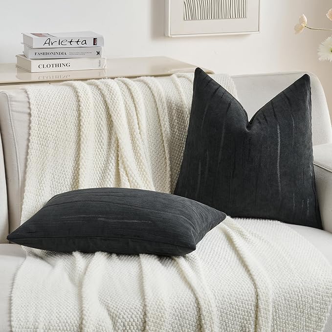 FUTEI Black Chenille Decorative Throw Pillow Covers 22x22 Inch Set of 2,Soft Embossed Striped Textured Cushion Case,Modern Home Decor for Couch Bed Living Room