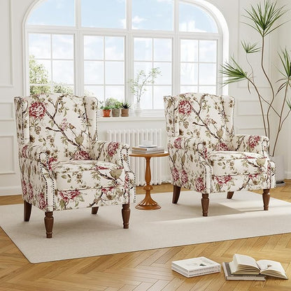 Accent Chair, Upholstered High Back Floral Armchair with Nailhead Trim & Wood Legs, Comfy Wingback Reading Single Sofa Chair for Small Spaces, Living Room, Bedroom-Pink Floral, Set of 1