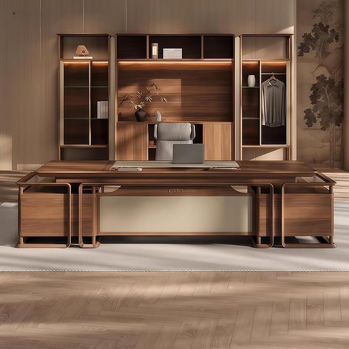 Executive Desk, 86.6 inch Executive Wood Desks L Shape Desk with Drawers with Drawers and Lockable Storage No Installation Required Without Display Racks and Bookshelves