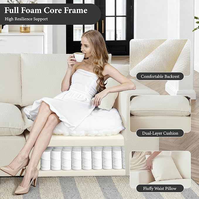 108" Sectional Couches for Living Room Boneless Couch Upholstered Cloud Couch Sectional Modular Sectional Sofa with L Shaped (Chenille-White, 3 Seat+1 Ottoman)