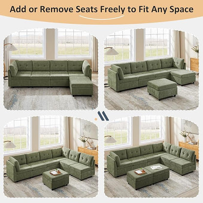 VANOMi 6 Seat Cloud Couches for Living Room, 118" Convertible Modular Cloud Sofas & Couches, Comfy Chenille Sectional Couch Sofa for Apartment, Office, Olive Green, L/U Shaped