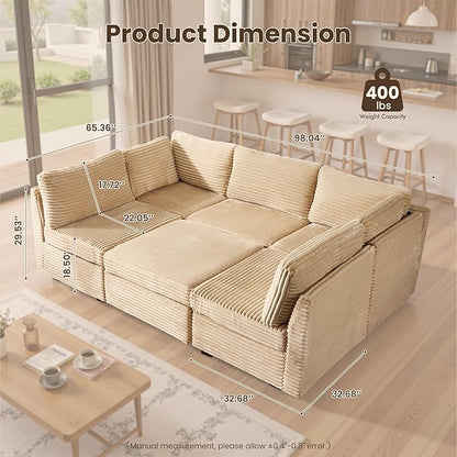 130'' Modern Modular Sectional Sofa with Movable Ottoman,5 Seats Cloud Comfort Corduroy Fluffy Couch,L Shaped Convertible Sofa Couch for Living Room,Beige