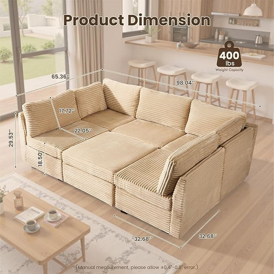 130'' Modern Modular Sectional Sofa with Movable Ottoman,5 Seats Cloud Comfort Corduroy Fluffy Couch,L Shaped Convertible Sofa Couch for Living Room,Beige