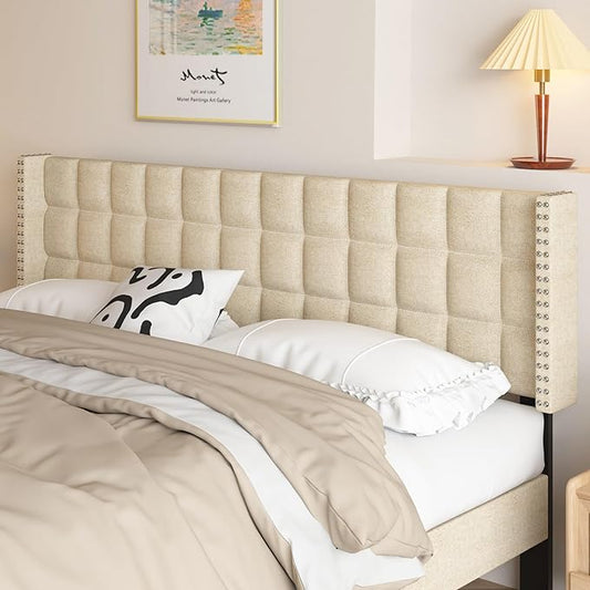 VECELO Headboard King Size, Linen Upholstered Headboards Only with Nailhead Trim Wingback, Square Stitched Design, Adjustable Height from 40" to 49.8", Oatmeal