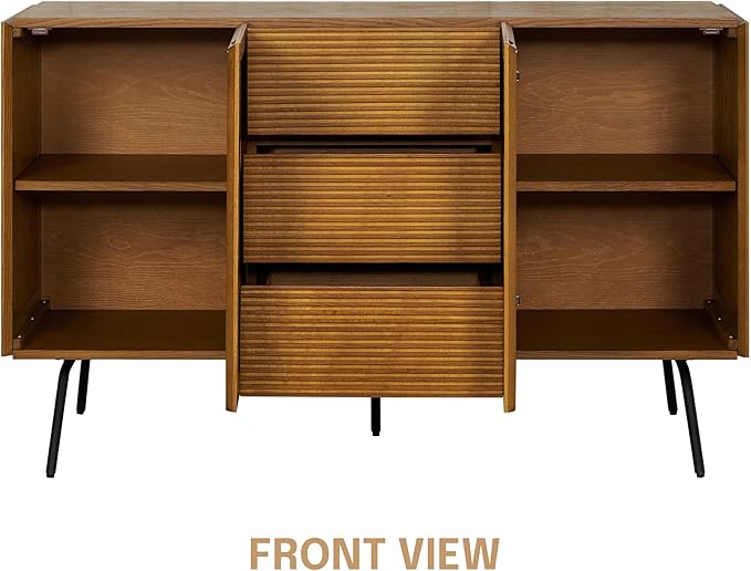 NTC MOSSIC Sideboard with 2 Doors and 3 Drawers, Buffet Cabinet with Natural Rattan and Metal Legs, Modern Storage Cabinet for Living Room, and Hallway, Effortless Assembly - Rustic Oak