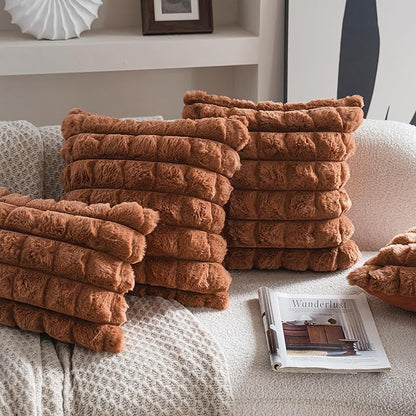 Neelvin Brown Faux Fur Cozy Soft Plaid Decorative Throw Pillow Covers 16x16 inch Set of 2,Velvet Pillowcase Cushion Case for Sofa Couch