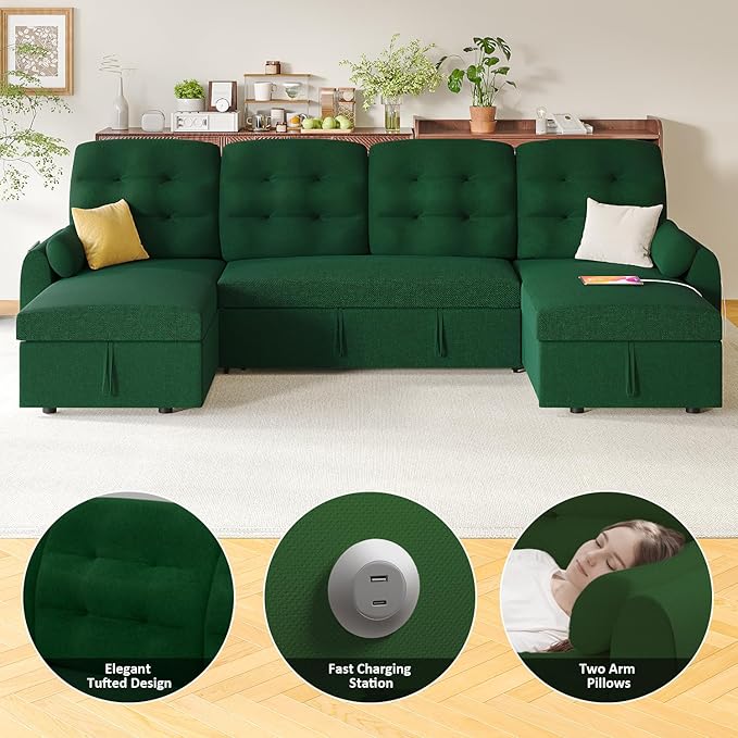 Ucloveria Sleeper Sofa Bed, 112" U Shaped Sectional Sofa Couches for Living Room, Pull Out Couch Bed with Dual Reversible Storage Chaise | Charging Station | Side Pockets | Removable Backrest