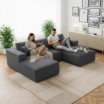 Modular Sectional Cloud Couch for Living Room,Modern Boneless Couche Set with Plush Corduroy,Comfy Floor Sofa with Memory Foam,Stupendous U Shaped Sofa,No Assembly Required,Grey
