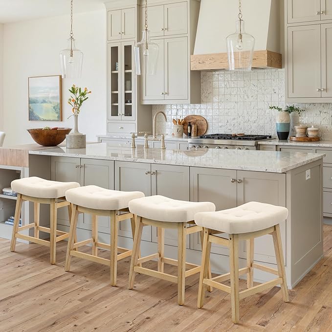 Counter Height Bar Stools Set of 4 for Kitchen Counter Farmhouse Modern Barstools with Upholstered Fabric Backless Seat and Solid Wood Legs 24 inch Bar Chairs, Khaki + Wood Color