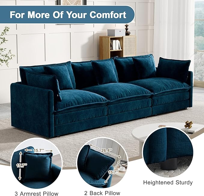 Modular Sectional Sofa, 111.5 Inch I-Shaped Cloud Sofa with Deep Seat Chenille Sofa with Cushions, Three-Self Sectional Sofa for Living Room Apartment,Blue