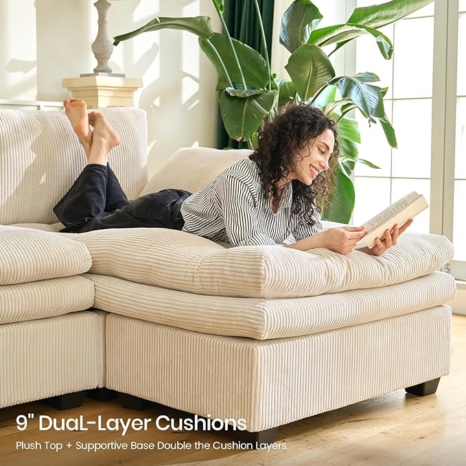 Belffin Large Modular Sectional Sofa with Double Deep Chaise, 104" Corduroy U Shaped Couch with 9" Soft Dual-Layer Seats Cushion Sectional Couches for Living Room, Apartment, Beige