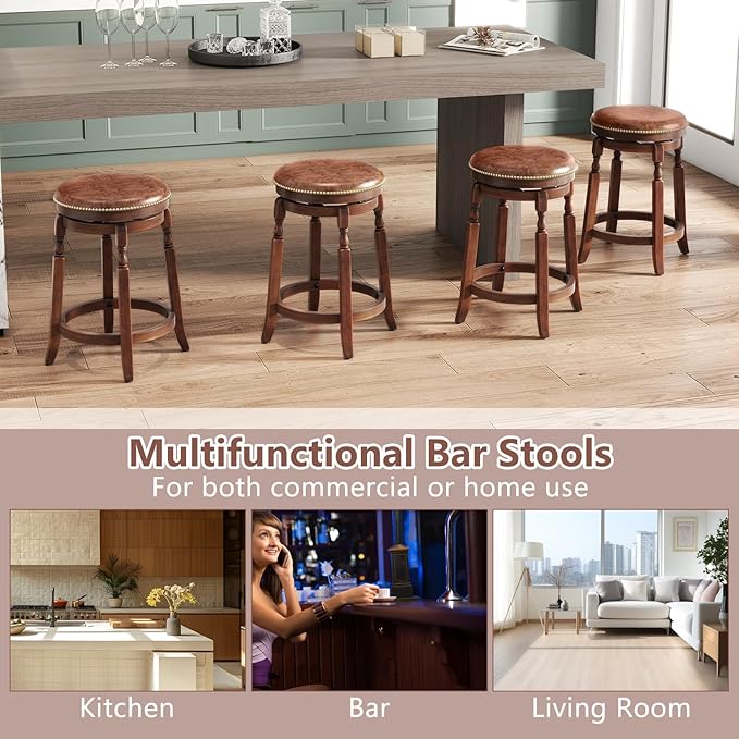 COSTWAY Round Swivel Wooden Bar Stools Set of 2, 24-inch Upholstered Backless PU Leather Farmhouse Counter Chairs with Footrest, Decorative Rivets for Kitchen Island, Dining Room, Walnut