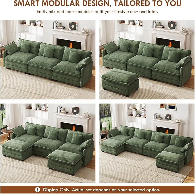 WorthFurni 77 Inch L Shape Cloud Sofa, Modular Sectional Couch with Ottoman, Comfy Chenille Deep Seat Loveseat with Pillow for Living Room Bedroom Apartment (Green)