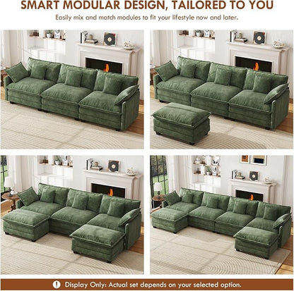 WorthFurni 111.4” Cloud Couch Modular Sectional Sofa with Ottoman, Comfy Modern 3-Seater Couches with Pillows & Upholstered Deep Seat Cushion for Apartment Living Room Bedroom (Green)