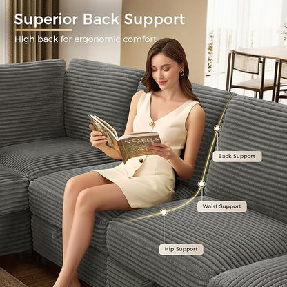 KKL Modular Sectional Sofa U-Shaped 6 Seater Couch with Storage Ottoman, Convertible L-Shaped Plush Wide-Wale Corduroy Couch for Living Room, Apartment, Modern Design, Gray