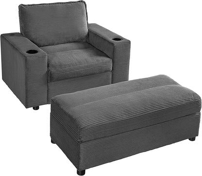 Christopher Knight Home Zoe Oversized Chaise Lounge Chair Indoor with Cup Holders & USB Charging Port, Corduroy Upholstered Sofa Bed + Ottoman with Storage, Comfy Deep Seat Sleeper Sofa Chair, Grey