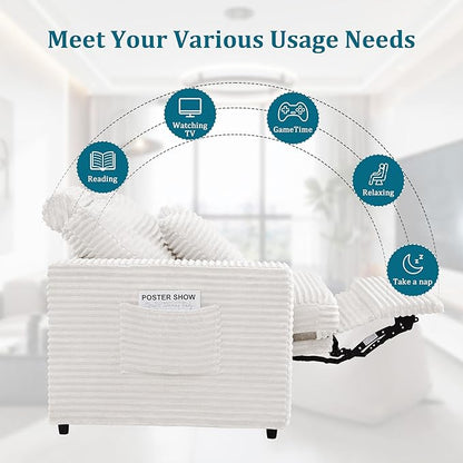 ORRD Power Reclining Sectional Sofa, Electric 3 Seat Recliner with 3 Electric Footrest and Adjustable Headrest, Modern Plush Corduroy Fluffy Reclining Sectional with Deep Seat for Living Room-White