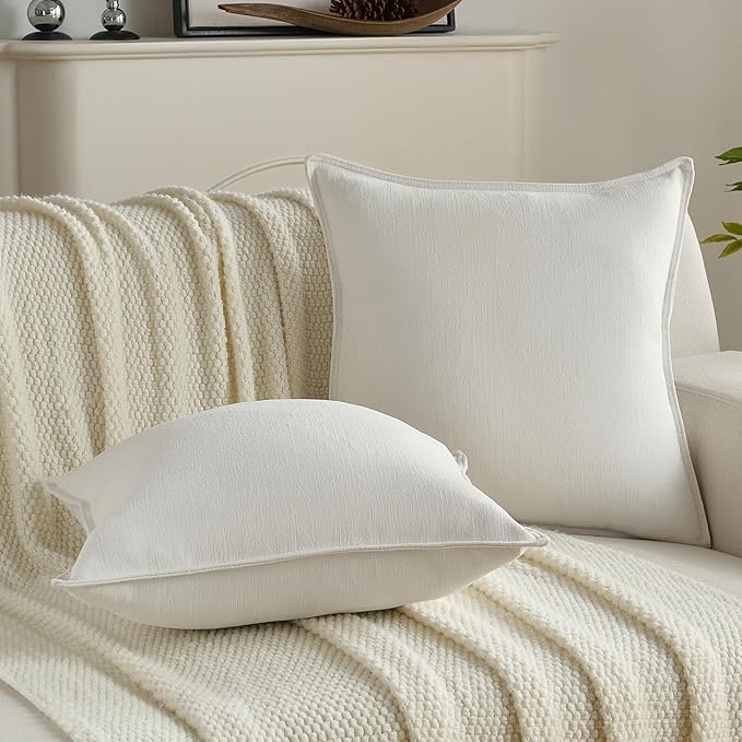 FUTEI Cream White Chenille Throw Pillow Covers 22x22 Inch Set of 2,Edges Double-Stitched Cushion Cases,Modern Home Decor for Couch Living Room