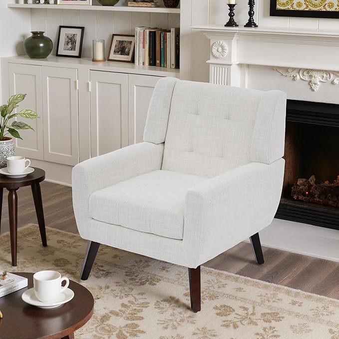 Accent Chairs Set of 2, Mid-Century Modern Upholstered Armchair, Comfy Fabric Living Room Chairs Reading Chairs with Button Tufted Back & Solid Wood Legs for Bedroom, Office, Beige