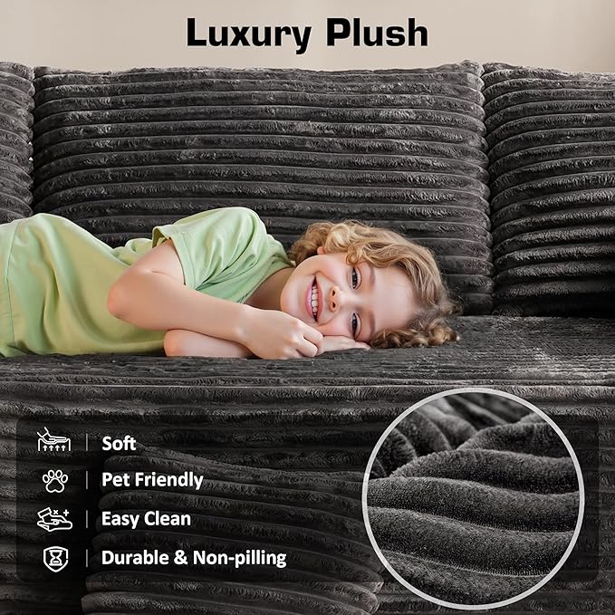 Weaxty Boneless Sectional Couch, U Shaped Modular Cloud Couches with Chaise, Plush Corduroy Memory Foam Deep Seat Floor Sofa, No Assembly Required，Gray
