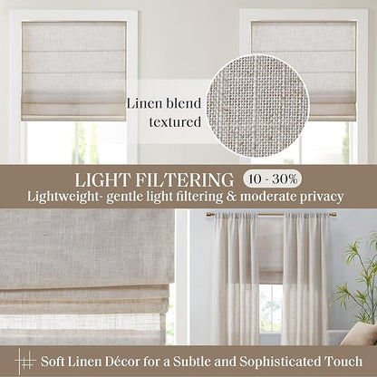 Madison Park Kyler Cordless Roman Shades - Single Panel, Lightweight Linen Blend Fabric, Natural Design, Easy Installation, Light Filtering Window Blind, Bedroom, Living Room Decor 29"W x 64"H Natural