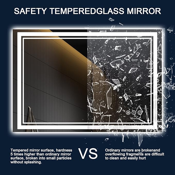40x30 Inch LED Bathroom Mirror with Lights, Backlit and Front Lighted Bathroom Mirrors for Wall, Anti-Fog Dimmable Memory Shatterproof LED Vanity Mirror for Bathroom