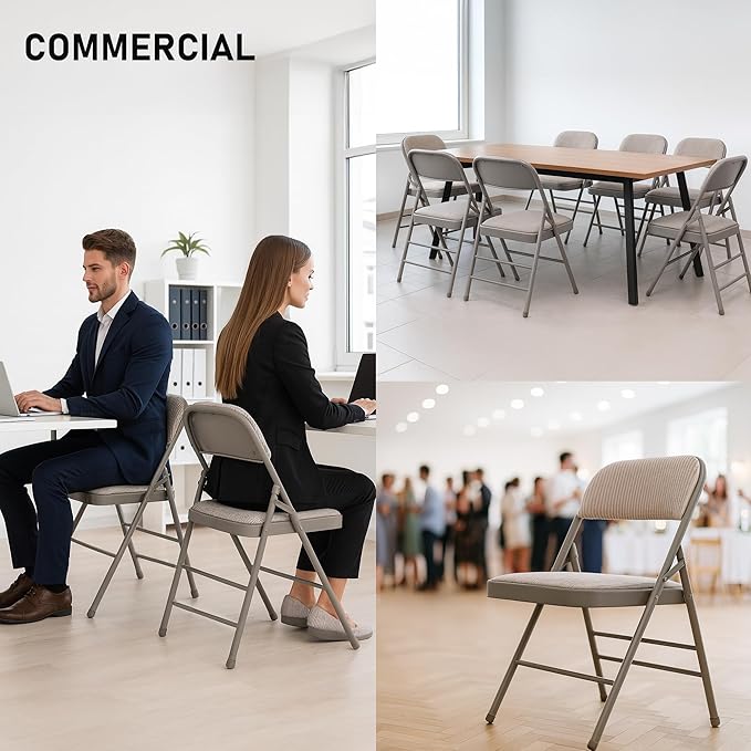 SEALAMB 16 Pack Folding Chairs with Padded Seats & Cushion, Durable Metal Foldable Chairs for Wedding Party, Commercial Chairs for Office School Church Events, 350lb Capacity (Grey-Fabric, 16 Pack)