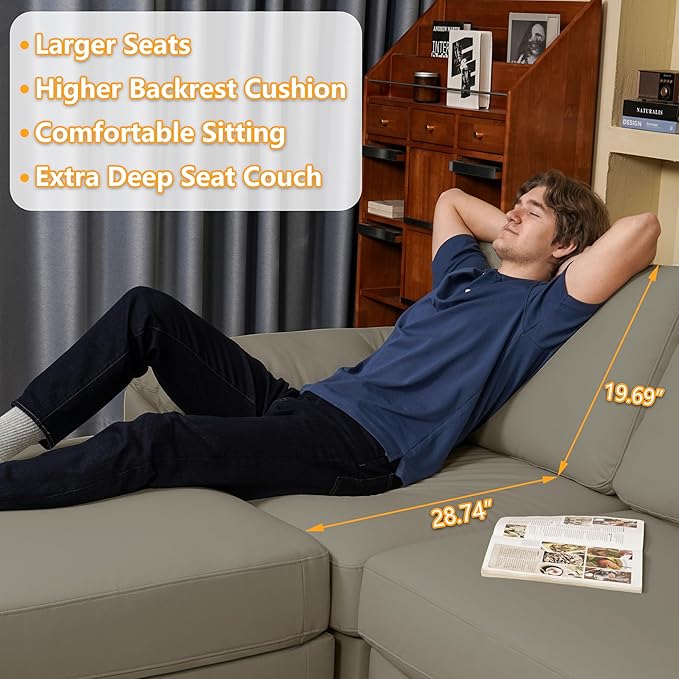 EASE MOOSE Leather Sectional Couch, Oversized Modular Sectional Sofas, Wide Deep Seat Modular Couch, Scratch Resistant Faux Leather Material, L Shaped Sofa for Big Spaces, Light Grey