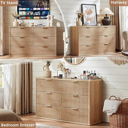 LEYAOYAO Fluted 6 Drawers Dresser Set of 2, 48" Wide Modern Chest of Drawers with Woodgrain Top, Curved Profile Design, Dresser TV Stand, Wooden Drawer Organizer for Bedroom, Living Room, Hallway,Wood