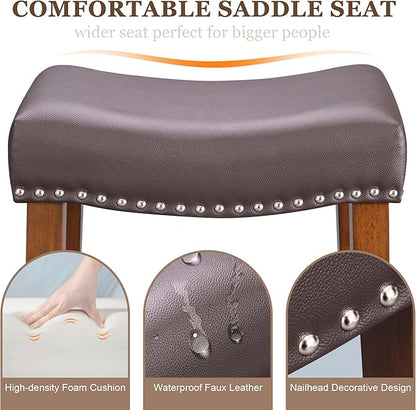 PrimeZone Counter Height Bar Stools Set of 6 - Backless Saddle Barstools with 4.3" Thick Upholstered, Nailhead Trim Faux Leather & Solid Wood Legs, 26 Inch Counter Stools for Kitchen Island, Brown