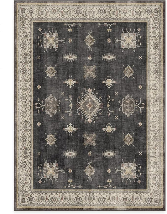 RUGGABLE Washable Vintage Area Rug – Verena Dark Wood 5x7, Stain-Resistant, Non-Slip – Medium Machine Washable Rugs for Living Room, Bedroom, Hallway, Entryway & Office–with Cushioned Pad