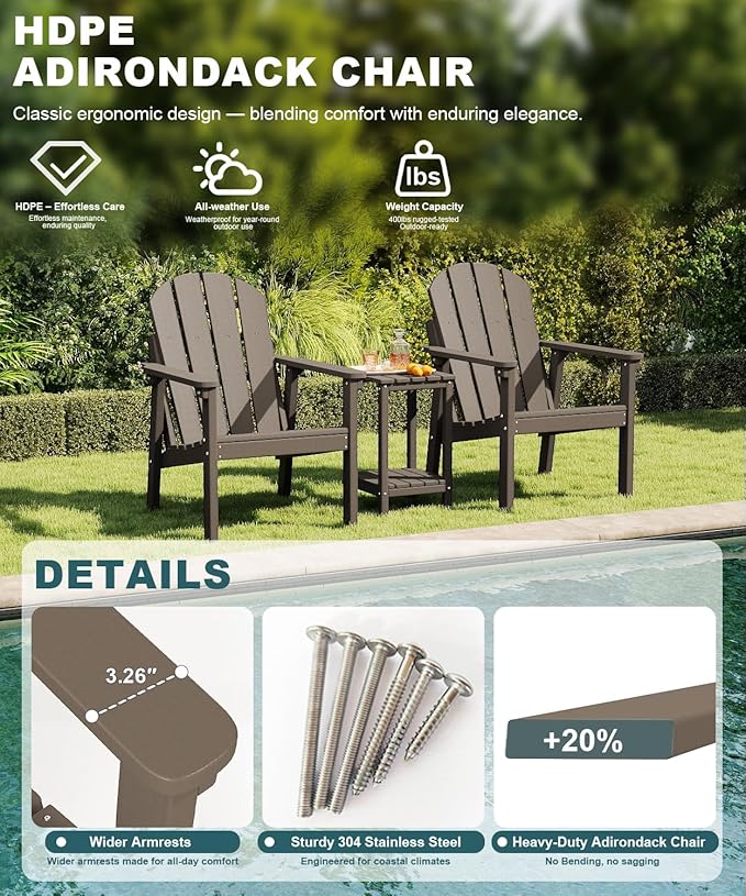 Adirondack Chair Set of 2, All Weather HDPE Fire Pit Chairs, Oversized Plastic Adirondack Chair for Outdoor, Balcony, Deck, Backyard, Patio, Garden, Poolside, Lawn Brown