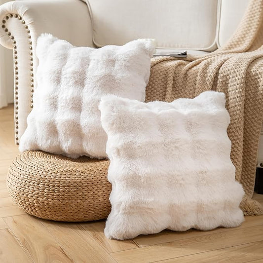 Pack of 2 Thick Plush Throw Pillow Covers Fluffy Wave Faux Fur Decorative Cushion Covers Soft Wool Pillowcase for Sofa Couch Livingroom 18x18 Inch White