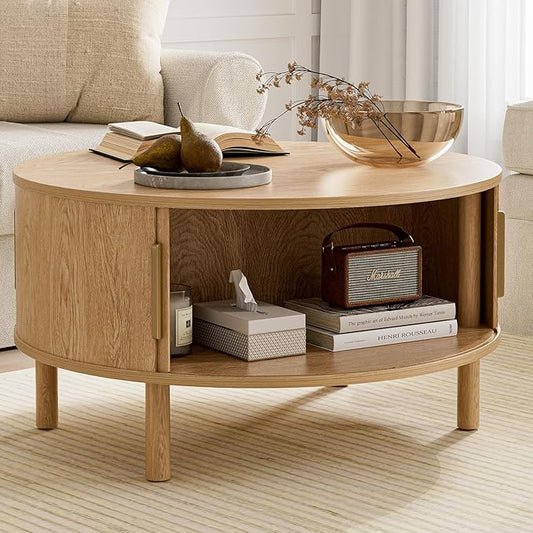 Coffee Table for Living Room, Modern Round Coffee Table with Cabinets & Sliding Doors, Home Small Space, 29.9" Fluted Center Table, Natual