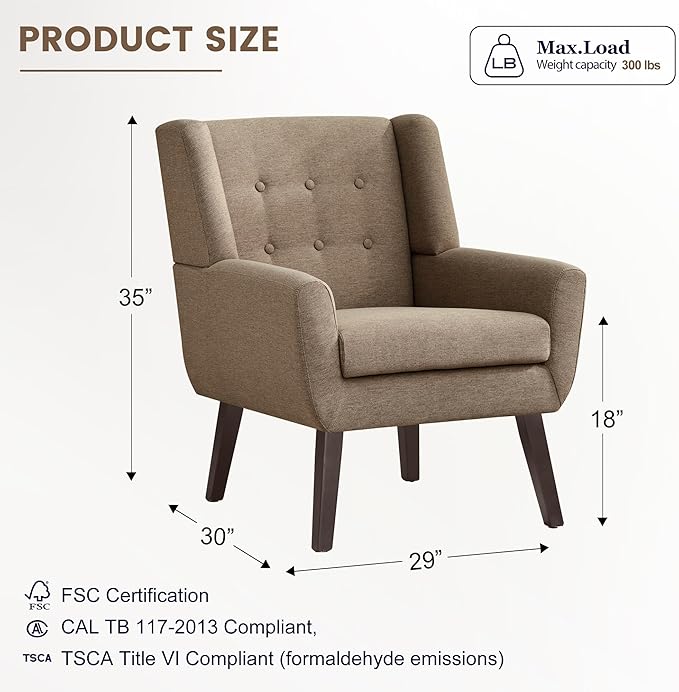 HUIMO Accent Chair, Upholstered Button Tufted Armchair, Linen Fabric Sofa Chairs for Bedroom, Living Room, Mid-Century Modern Comfy Reading Chair (4, Brown)