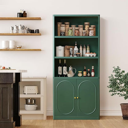 70.8" Tall Fluted Bookshelf with Storage Cabinet Set of 2, Modern 5-Tier Wood Bookcase with Open Display Storage Shelf, Gold Handles for Office Living Room (Green)