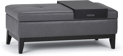 SIMPLIHOME Oregon 42 inch Wide Contemporary Rectangle Storage Ottoman Bench with Tray in Stone Grey Vegan Faux Leather, Assembled, For the Living Room, Entryway and Family Room