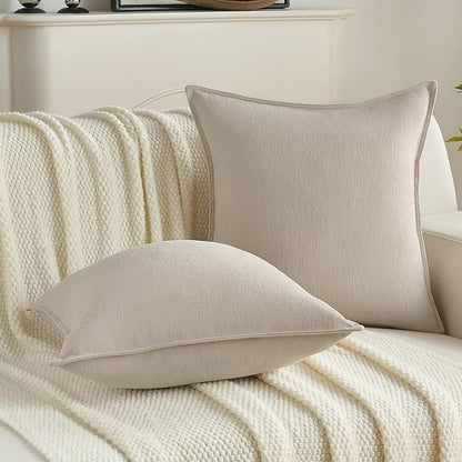 FUTEI Beige Chenille Throw Pillow Covers 24x24 Inch Set of 2,Edges Double-Stitched European Cushion Cases,Modern Home Decor for Couch Living Room