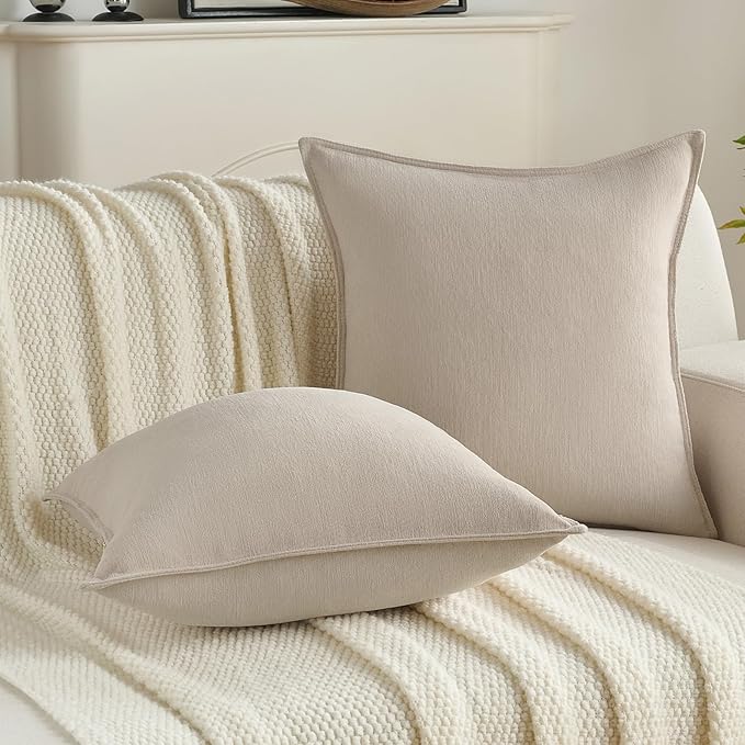 FUTEI Beige Chenille Throw Pillow Covers 22x22 Inch Set of 2,Edges Double-Stitched Cushion Cases,Modern Home Decor for Couch Living Room