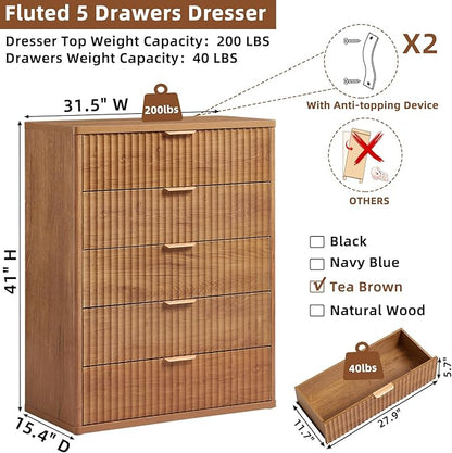 LEYAOYAO Fluted 5 Drawers Dresser for Bedroom Set of 2, 41" Tall Modern Chest of Drawers with Metal Handle, Curved Profile Design,Brown Wood Drawer Organizer for Bedroom, Living Room, Hallway