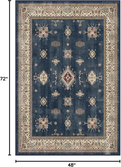 RUGGABLE Washable Vintage Area Rug – Verena Sapphire 4x6, Stain-Resistant, Non-Slip – Medium Machine Washable Rugs for Living Room, Bedroom, Hallway, Entryway & Office–with Cushioned Pad
