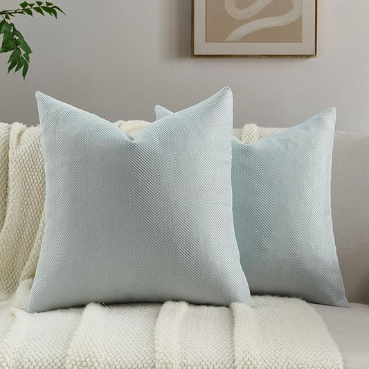 FUTEI Light Blue Chenille Throw Pillow Covers 16x16 Inch Set of 2,Soft Wide Chevron Textured Cushion Case,Farmhouse Home Decor for Couch Bed Living Room