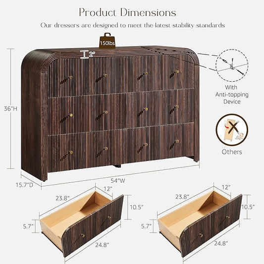T4TREAM Fluted 6 Drawers Dresser for Bedroom, 54" Wide Modern Chest of Drawers with Thickened Curved Profile Design, Wood Dressers TV Stand for Bedroom, Living Room, Hallway, Dark Walnut
